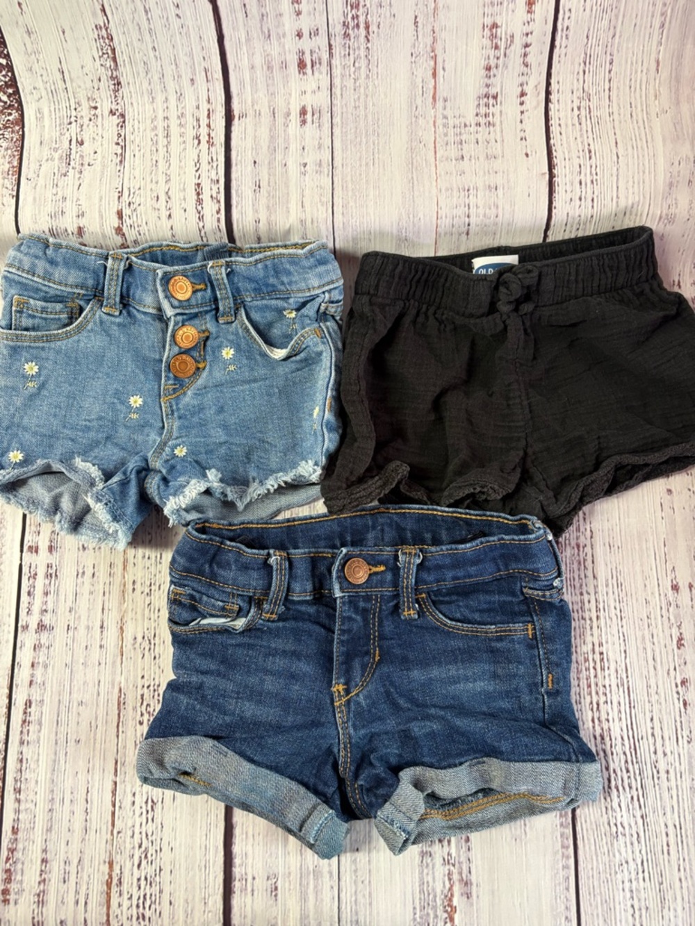 Old Navy Girls' Light Denim Floral, Dark Denim & Black Shorts Set